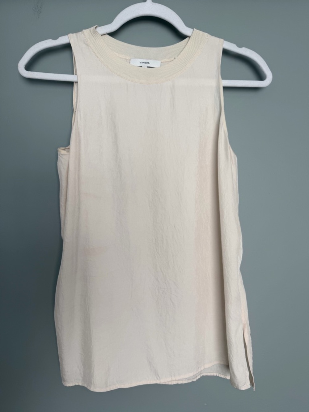 Vince Rib Trim High Neck Side Slit Beige Cream Sleeveless Shell Tank Top - Picture 3 of 13